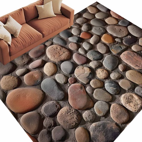 Area Rug 72×108in, Abstract Country Stones Floor Carpet Living Room Rug, Cobblestones Pattern Non-Slip Welcome Mat Indoor Rugs for Bedroom Dining Room