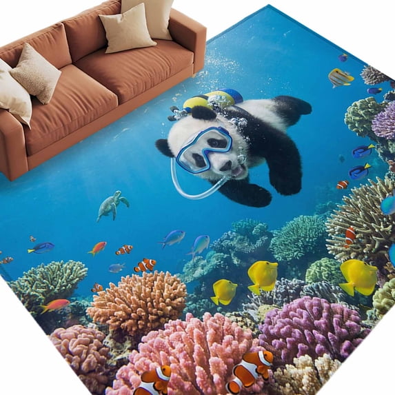 Area Rug 72×108in, Abstract Funny Panda Diving Coral Floor Carpet Living Room Rug, Marine Undersea World Non-Slip Welcome Mat Indoor Rugs for Bedroom Dining Room