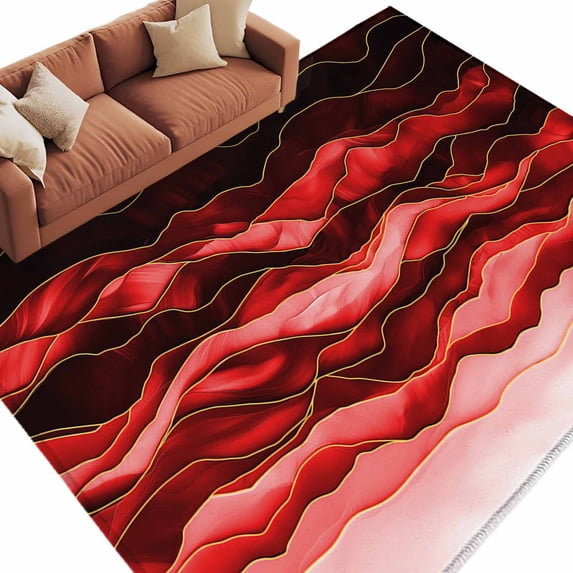 Area Rug 72×108in, Abstract Geometric Red Watercolor Gradient Floor Carpet Living Room Rug, Gold Stripes Non-Slip Welcome Mat Indoor Rugs for Bedroom Dining Room