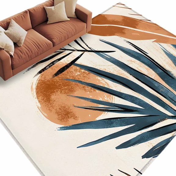 Area Rug 72×108in, Abstract Leaf Boho Sun Floor Carpet Living Room Rug, Orange Color Block Nordic Style Non-Slip Welcome Mat Indoor Rugs for Bedroom Dining Room