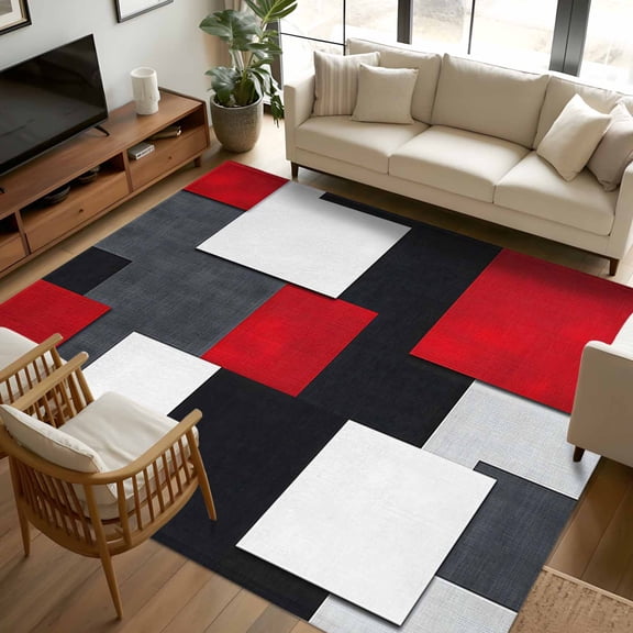 Area Rug 72×108in, Abstract Red Black White Gray Color Block Floor Carpet Living Room Rug, Geometric Art Non-Slip Welcome Mat Indoor Rugs for Bedroom Dining Room
