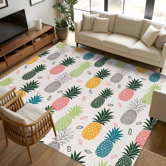 Area Rug 72×108in, Abstract Summer Pineapple Floor Carpet Living Room Rug, Pink Blue Farm Fruit Non-Slip Welcome Mat Indoor Rugs for Bedroom Dining Room