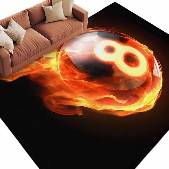 Area Rug 72×108in, Billiards Flame Black Eight Floor Carpet Living Room Rug, Abstract Sport Ball Non-Slip Welcome Mat Indoor Rugs for Bedroom Dining Room