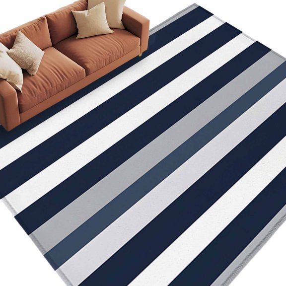 Area Rug 72×108in, Black White Blue Grey Horizontal Stripes Floor Carpet Living Room Rug, Classic Pattern Non-Slip Welcome Mat Indoor Rugs for Bedroom Dining Room