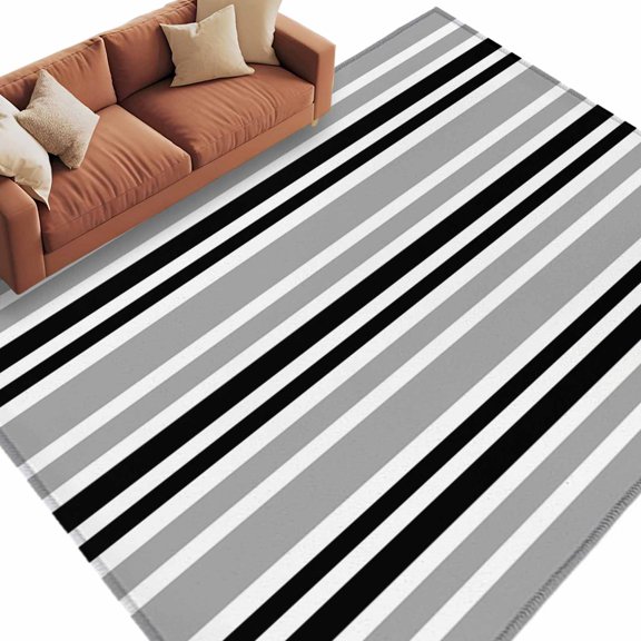 Area Rug 72×108in, Black White Gray Stripes Floor Carpet Living Room Rug, Non-Slip Welcome Mat Indoor Rugs for Bedroom Dining Room
