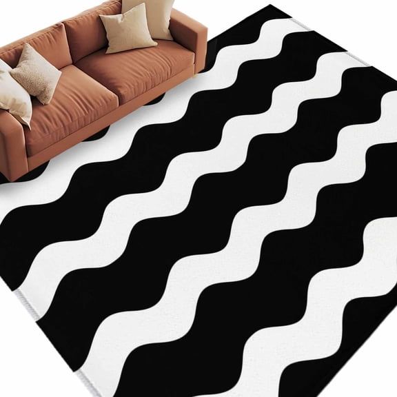 Area Rug 72×108in, Black and White Wave Stripe Floor Carpet Living Room Rug, Modern Minimalist Lines Art Non-Slip Welcome Mat Indoor Rugs for Bedroom Dining Room