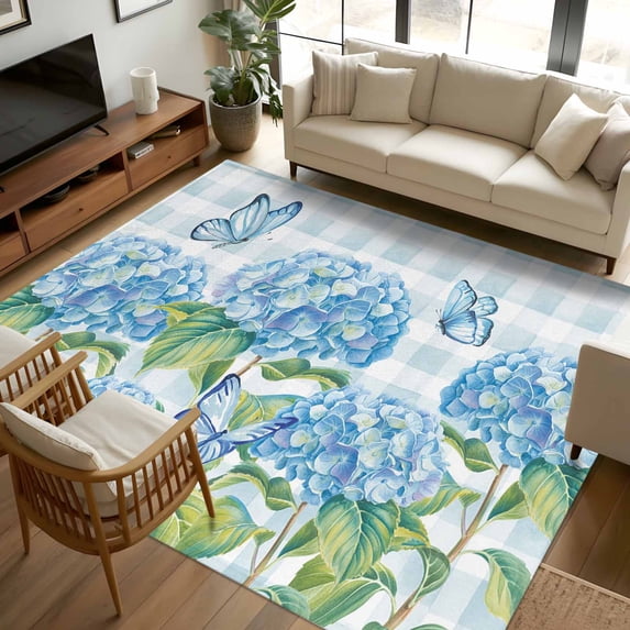 Area Rug 72×108in, Blue Hydrangea Flower Leaves Floor Carpet Living ...