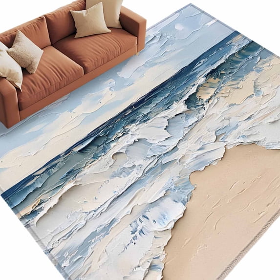 Area Rug 72×108in, Blue White Coastal Beach Waves Floor Carpet Living Room Rug, Abstract Art Non-Slip Welcome Mat Indoor Rugs for Bedroom Dining Room