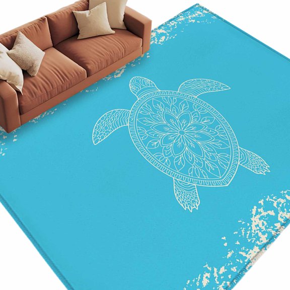Area Rug 72×108in, Bohemian Flowers Marine Life Floor Carpet Living Room Rug, Sea Turtle on Blue Background Non-Slip Welcome Mat Indoor Rugs for Bedroom Dining Room