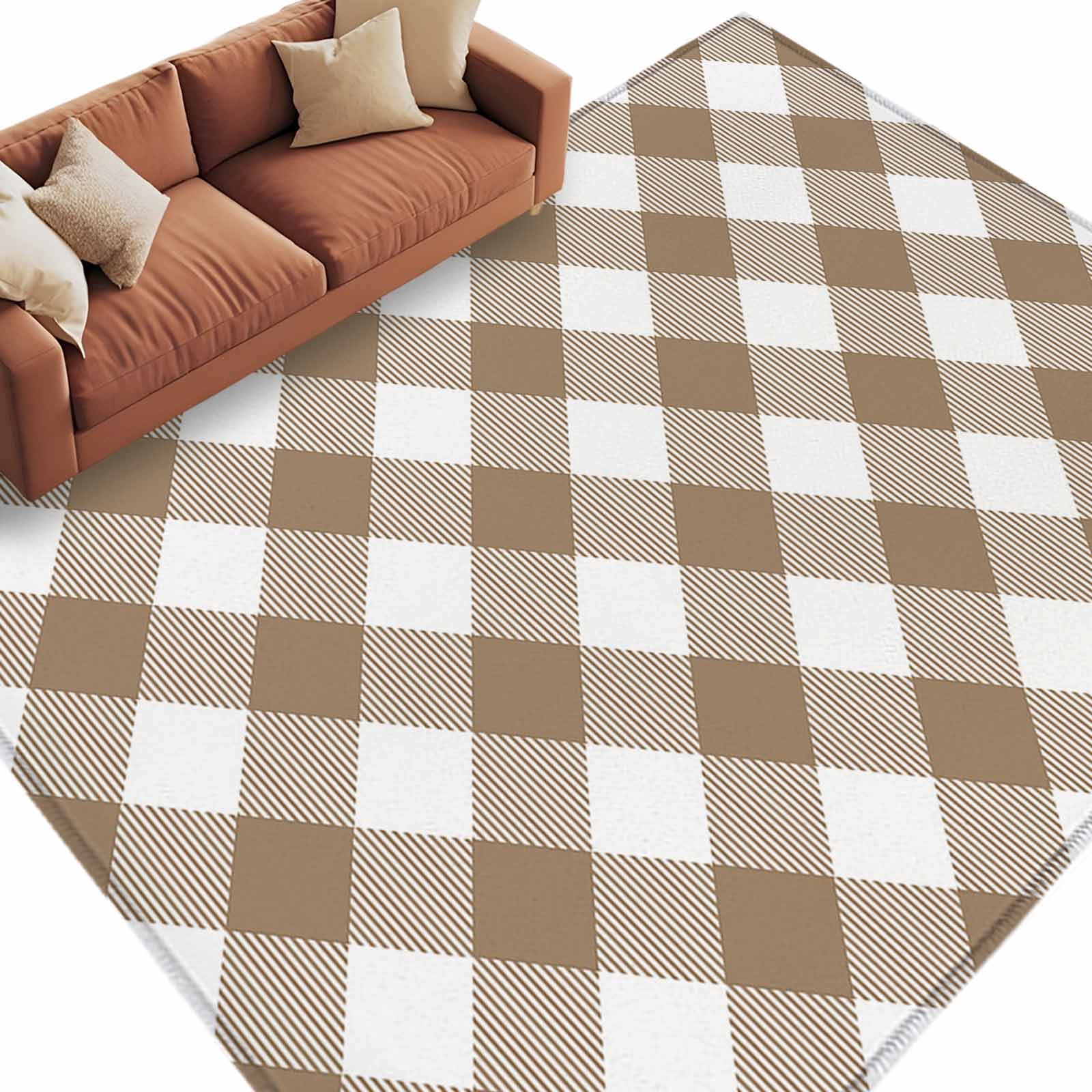 Area Rug 72×108in, Brown and White Plaid Floor Carpet Living Room Rug ...