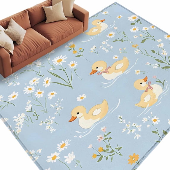 Area Rug 72×108in, Cartoon Cute Duck Flower Floor Carpet Living Room Rug, Farm Animals on Blue Lake Non-Slip Welcome Mat Indoor Rugs for Bedroom Dining Room