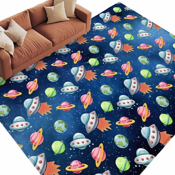 Area Rug 72×108in, Cartoon Spaceship Dream Planet Floor Carpet Living Room Rug, Outer Space Stars Moon Non-Slip Welcome Mat Indoor Rugs for Bedroom Dining Room