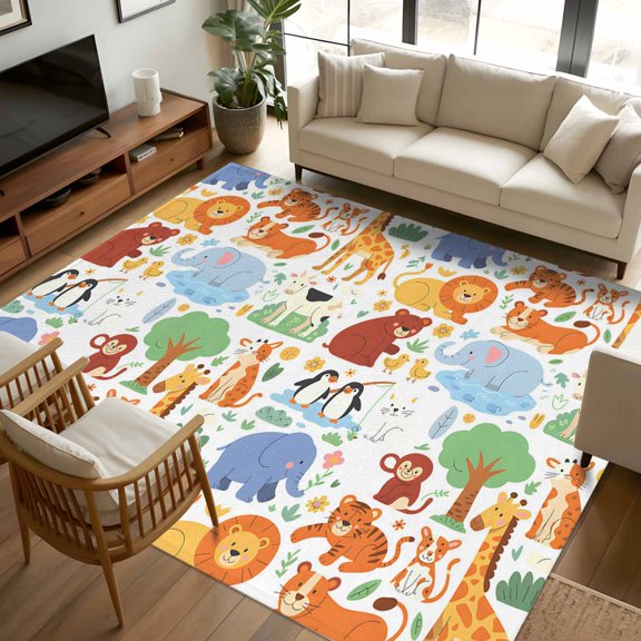 Area Rug 72×108in, Cartoon Watercolor Zoo Animals Floor Carpet Living Room Rug, Cute Lion Tiger Monkey Bear Non-Slip Welcome Mat Indoor Rugs for Bedroom Dining Room