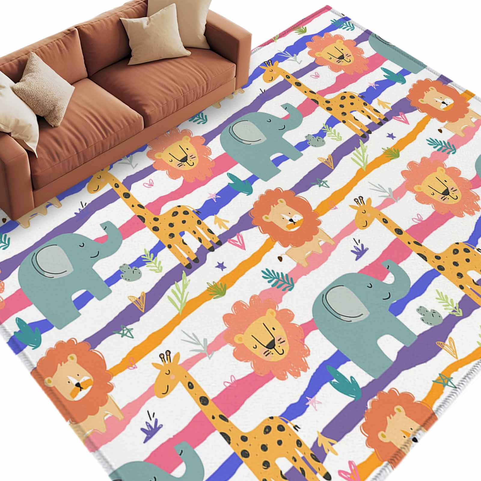 Area Rug 72×108in, Cartoons Animals Giraffes Elephant Floor Carpet ...