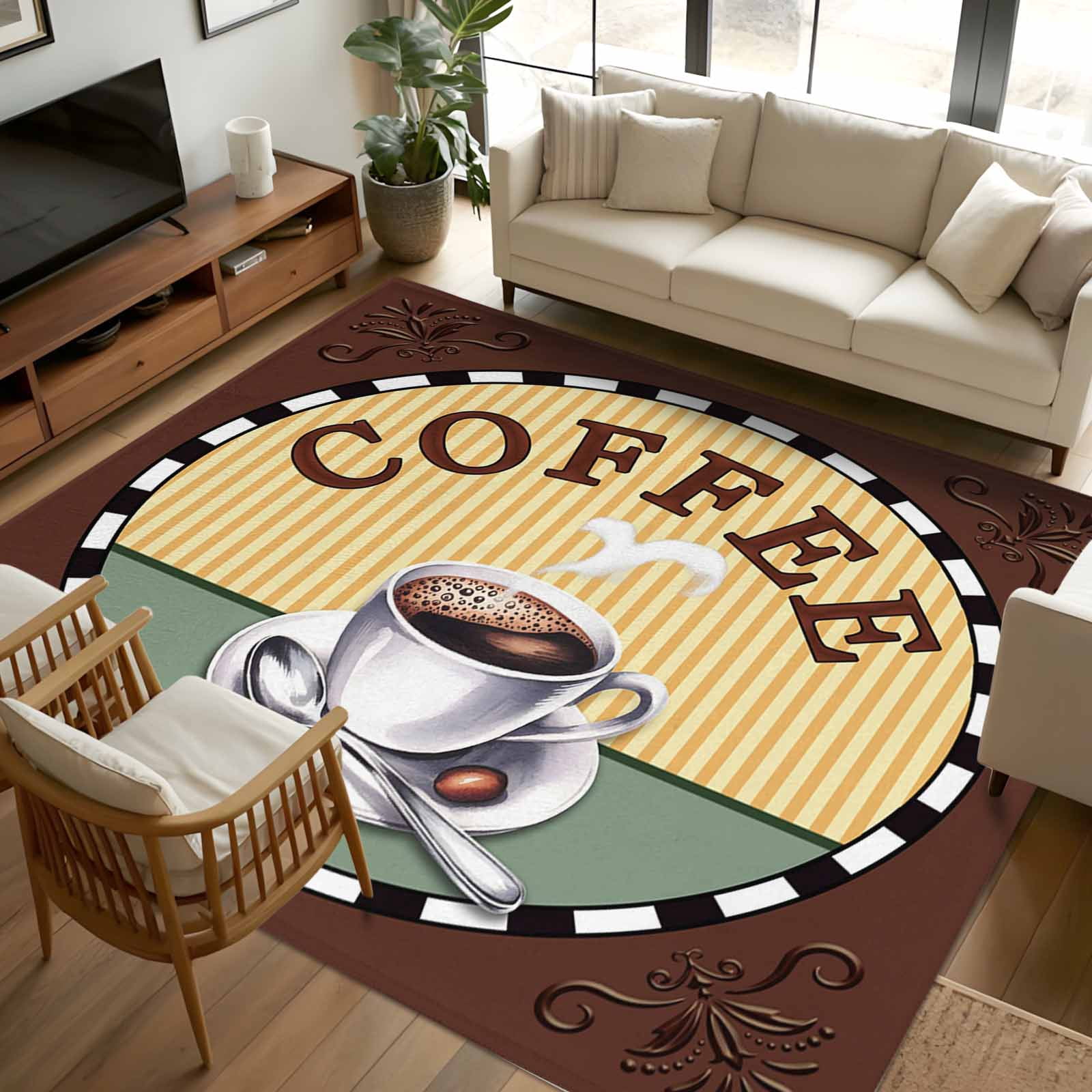 Area Rug 72×108in, Coffee Cup Farm Flower Damask Floor Carpet Living ...