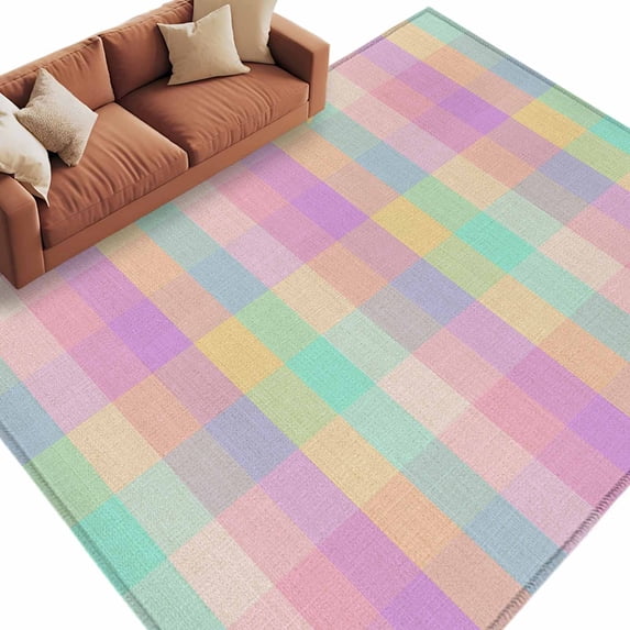 Area Rug 72×108in, Colorful Buffalo Plaid Floor Carpet Living Room Rug, Retro Linen Simple Art Non-Slip Welcome Mat Indoor Rugs for Bedroom Dining Room