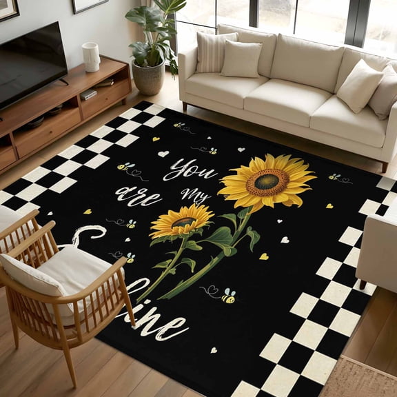 Area Rug 72×108in, Country Sunflower Sunshine Quote Floor Carpet Living Room Rug, Retro Black Plaid Non-Slip Welcome Mat Indoor Rugs for Bedroom Dining Room