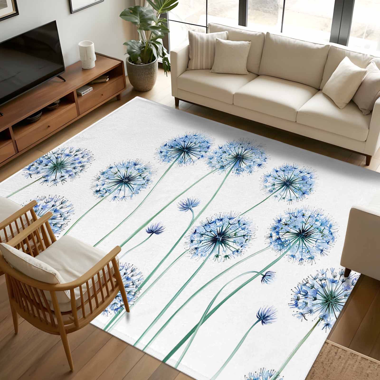 Area Rug 72×108in, Dandelion Blue Flower Plant Floor Carpet Living Room ...