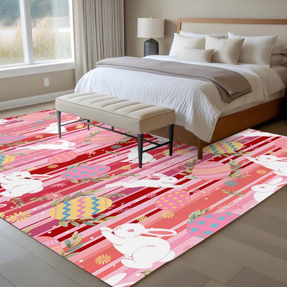 Area Rug 72×108in, Easter Egg Bunny Country Herb Floor Carpet Living Room Rug, White Rabbit Red Stripes Non-Slip Welcome Mat Indoor Rugs for Bedroom Dining Room