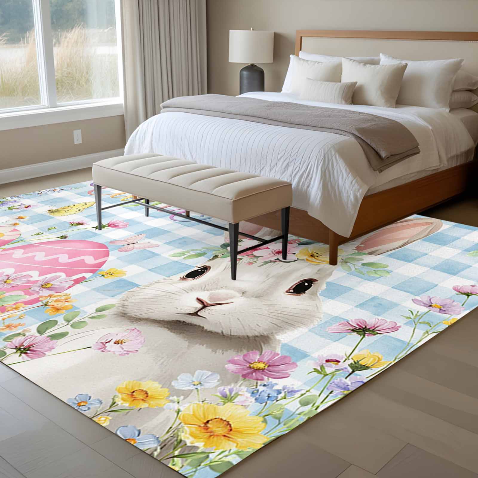 Area Rug 72×108in, Easter Rabbit Flower Blue Plaid Floor Carpet Living ...