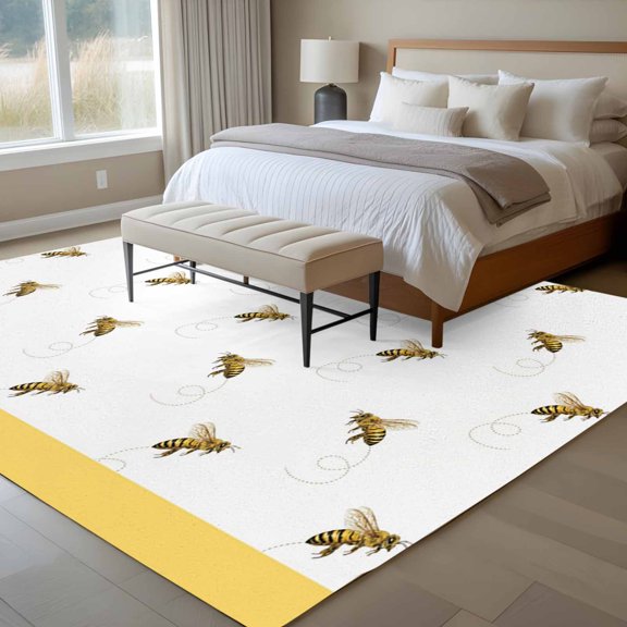 Area Rug 72×108in, Farm Honey Bee Swirling Yellow Floor Carpet Living Room Rug, Rustic Seamless Insects Non-Slip Welcome Mat Indoor Rugs for Bedroom Dining Room