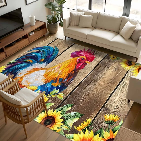 Area Rug 72×108in, Farm Rooster Animal Sunflower Floor Carpet Living ...
