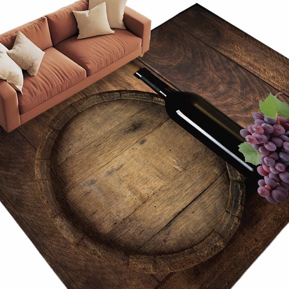 Area Rug 72×108in, Farm Wine Glass Grapes Fruit Vintage Wooden Barrel Floor Carpet Living Room Rug, Retro Brown Plank Non-Slip Welcome Mat Indoor Rugs for Bedroom Dining Room