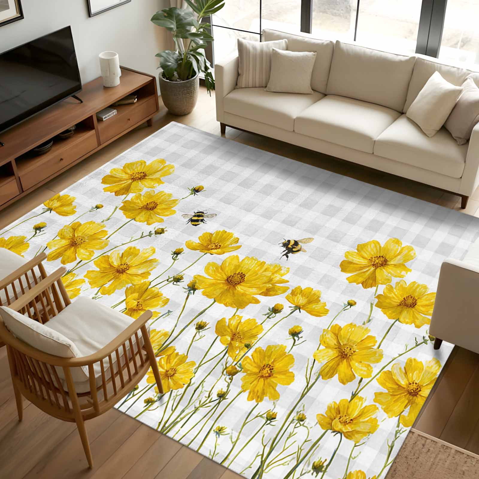 Bee Yellow Rug Area Rug 72×108in, Farm Yellow Flowers Floor Carpet Living Room Rug ...