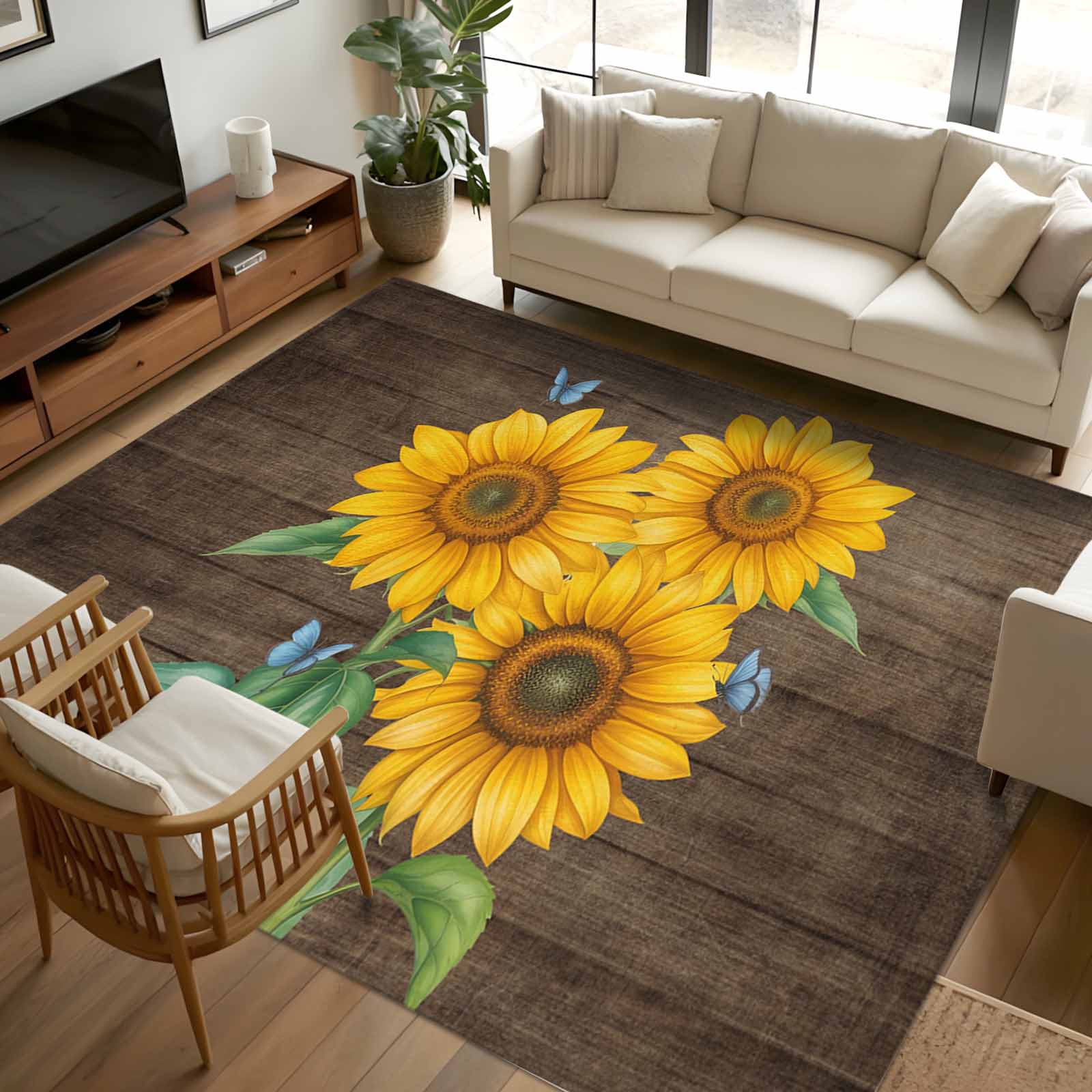 Area Rug 72×108in, Farm Yellow Sunflower Butterfly Floor Carpet Living ...