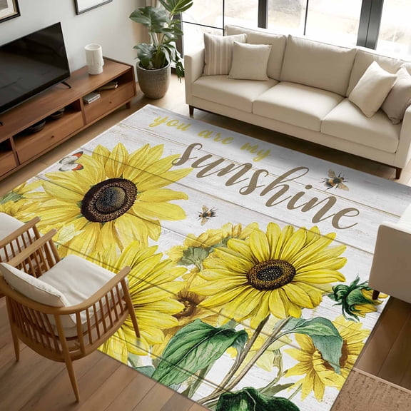 Area Rug 72×108in, Farm Yellow Sunflower Butterfly Floor Carpet Living Room Rug, Sunshine Quote Retro Plank Non-Slip Welcome Mat Indoor Rugs for Bedroom Dining Room