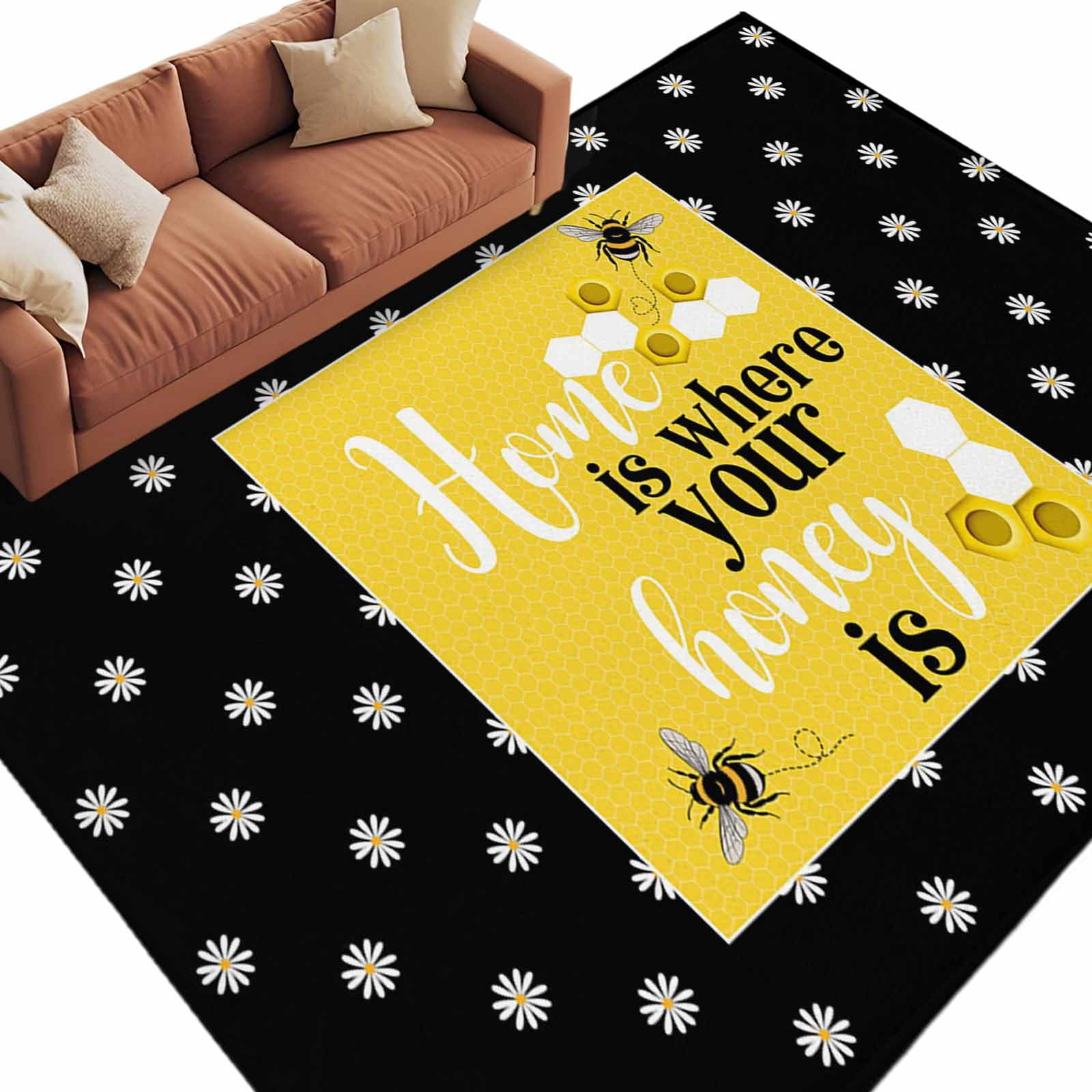 Bee Yellow Rug Area Rug 72×108in, Farmhouse Bee Honeycomb Yellow Floor Carpet Living ...