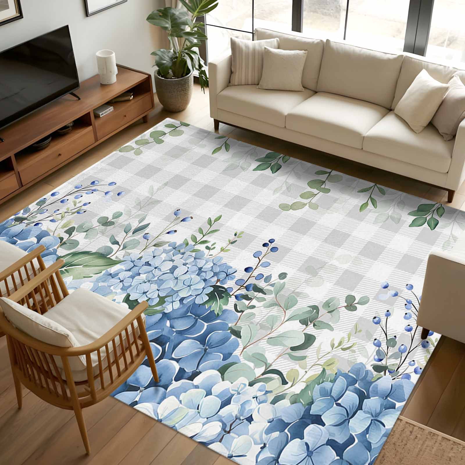 Area Rug 72×108in, Farmhouse Blue Hydrangeas Flower Leaves Floor Carpet ...