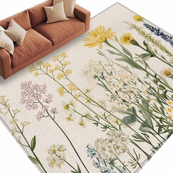 Area Rug 72×108in, Farmhouse Flower Wildflower on Vintage Linen Floor Carpet Living Room Rug, Spring Herb Non-Slip Welcome Mat Indoor Rugs for Bedroom Dining Room