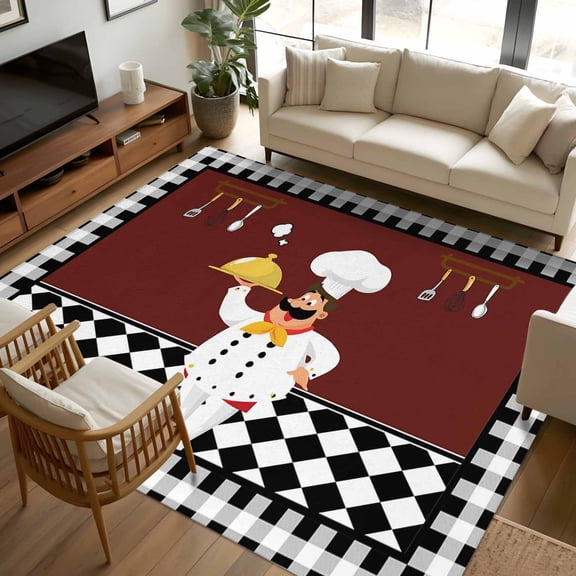 Area Rug 72×108in, Funny Chef Food Cutlery Floor Carpet Living Room Rug, Black White Plaid Dark Maroon Non-Slip Welcome Mat Indoor Rugs for Bedroom Dining Room