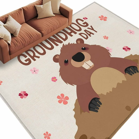 Area Rug 72×108in, GROUNDHOG DAY Words Floor Carpet Living Room Rug, Cute Marmot Flowers Non-Slip Welcome Mat Indoor Rugs for Bedroom Dining Room
