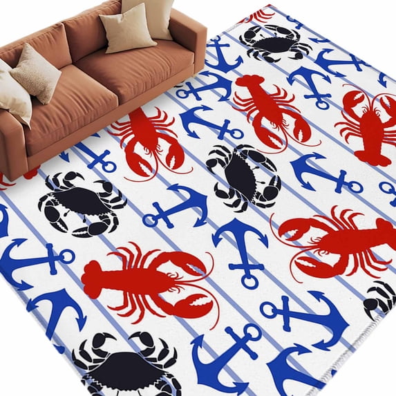 Area Rug 72×108in, Geometric Anchor Crab Lobster Floor Carpet Living Room Rug, Red Black Sealife on Blue Stripe Non-Slip Welcome Mat Indoor Rugs for Bedroom Dining Room