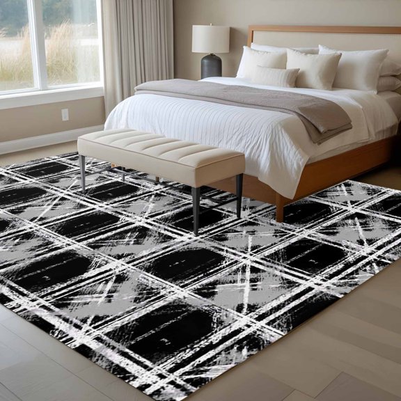 Area Rug 72×108in, Gray Black Plaid Vintage Floor Carpet Living Room Rug, Country Checker Seamless Non-Slip Welcome Mat Indoor Rugs for Bedroom Dining Room