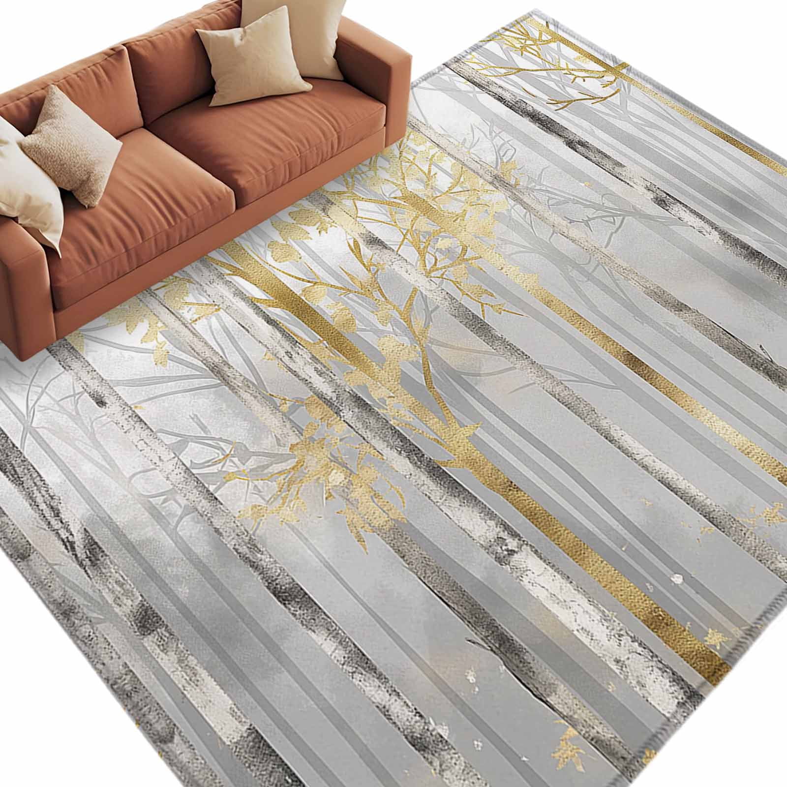 Area Rug 72×108in, Grey Golden Forest Tree Branches Floor Carpet Living ...
