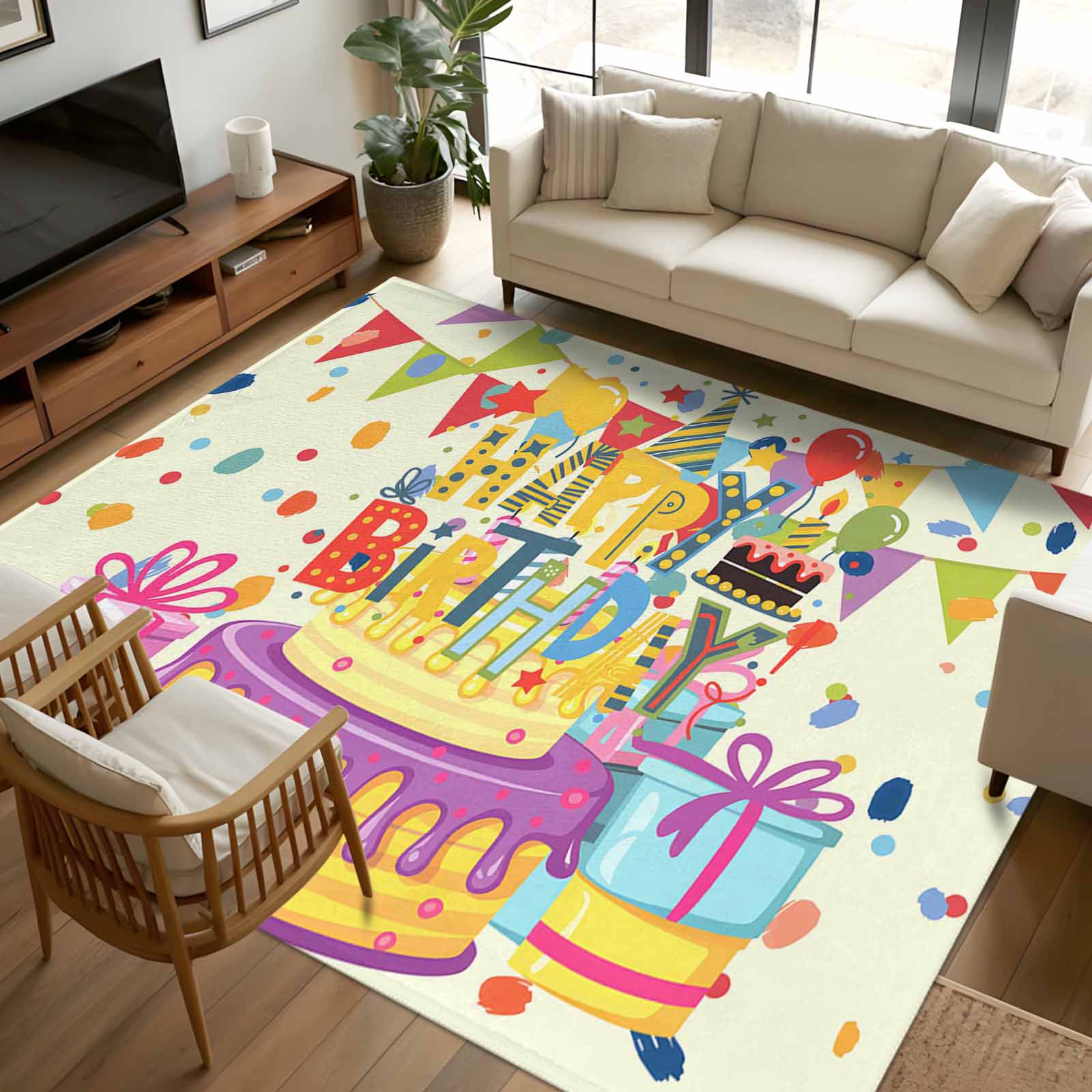Greetings Rug Area Rug 72×108in, Happy Birthday Text Floor Carpet Living Room Rug ...