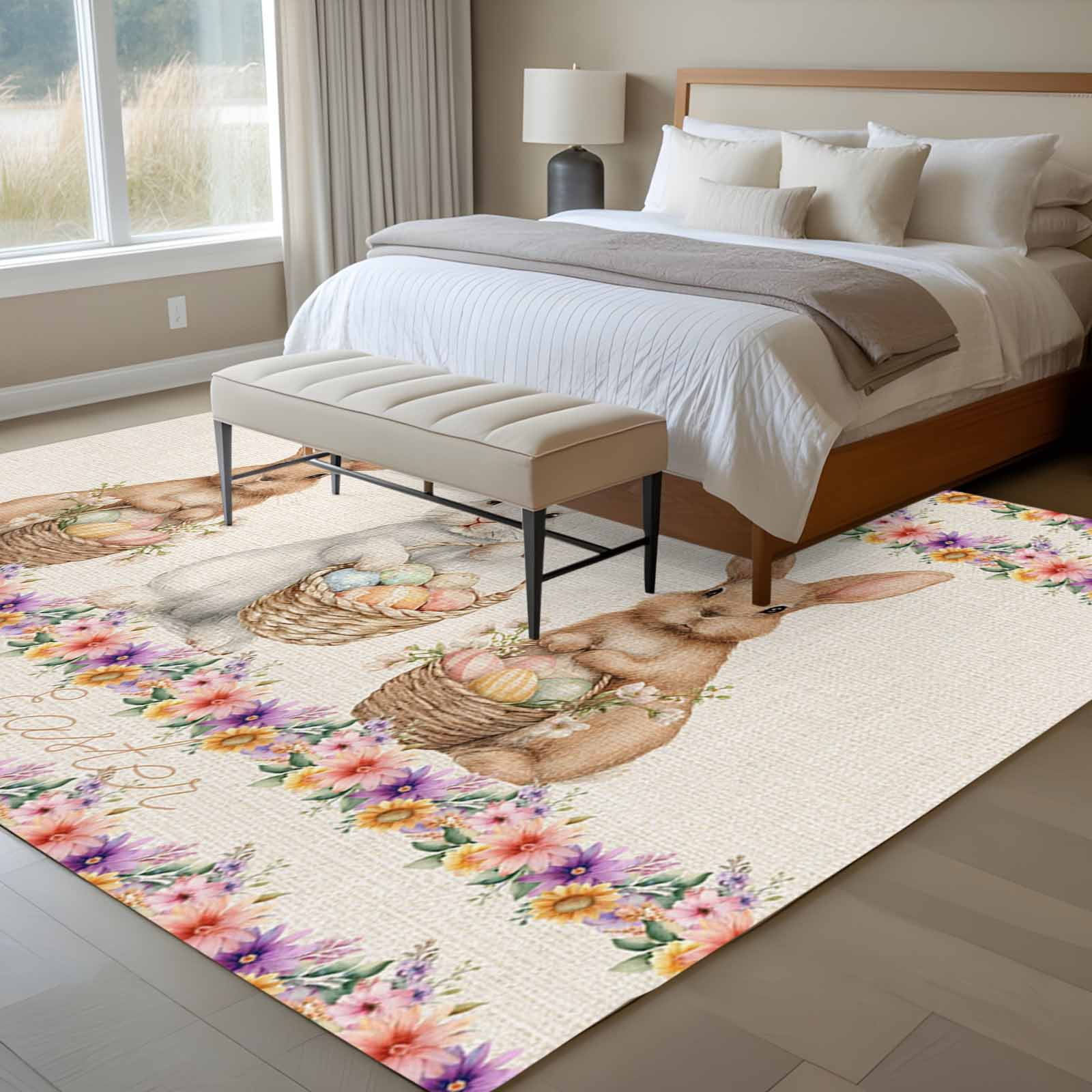 Easter Colors Rag Rug Area Rug 72×108in, Happy Easter Bunnies Colored Eggs Floor Carpet ...