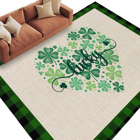 Area Rug 72×108in, Irish St. Patrick's Day Four-Leaf on Linen Floor Carpet Living Room Rug, Love Heart Stretched Non-Slip Welcome Mat Indoor Rugs for Bedroom Dining Room