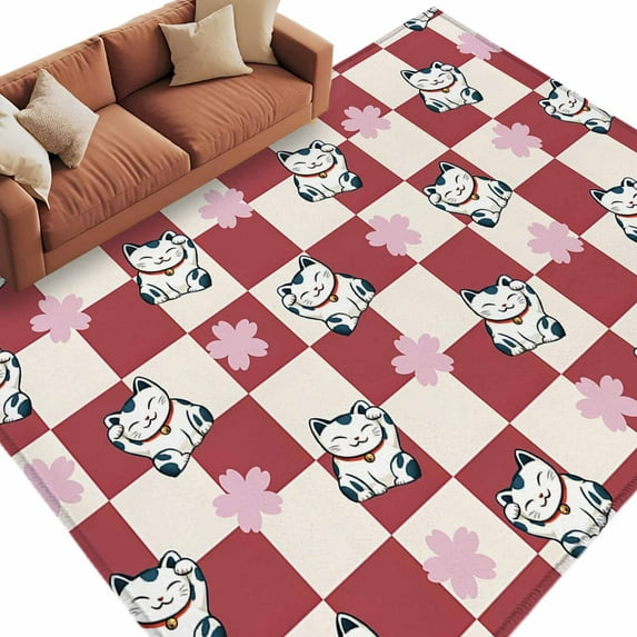 Area Rug 72×108in, Japanese Lucky Cat Pink Floral Floor Carpet Living Room Rug, Vintage Red Buffalo Plaid Non-Slip Welcome Mat Indoor Rugs for Bedroom Dining Room