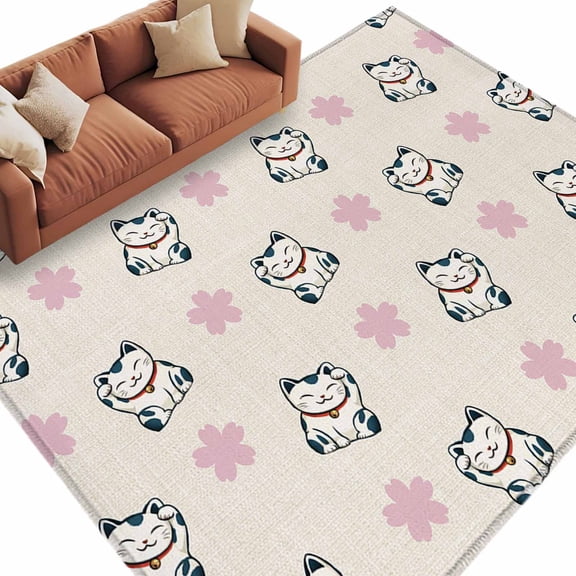 Area Rug 72×108in, Japanese Style Lucky Cat Cherry Blossom Floor Carpet Living Room Rug, Vintage Linen Non-Slip Welcome Mat Indoor Rugs for Bedroom Dining Room