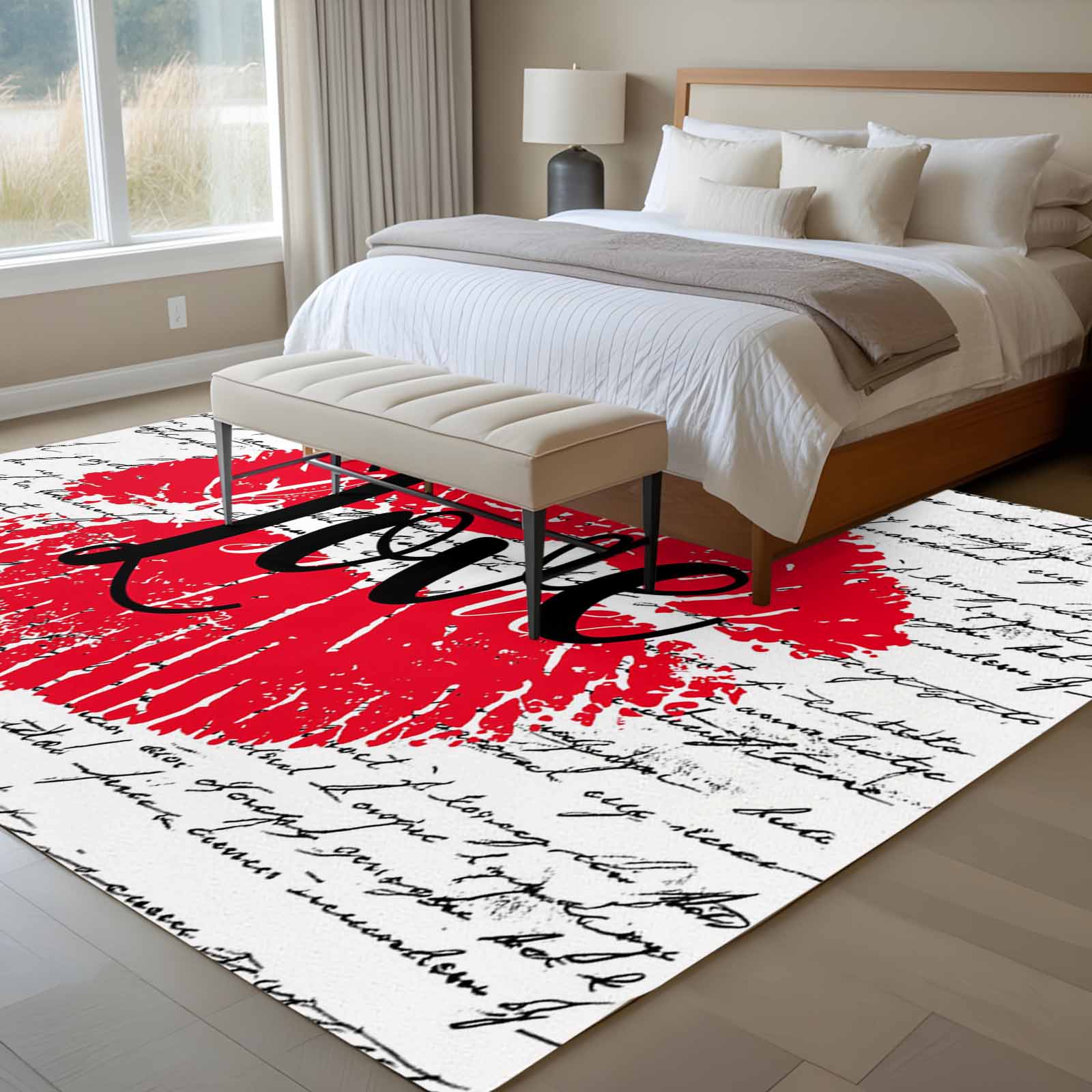 Word Rug Area Rug 72×108in, Kiss Red Lip Print Love Word Floor Carpet Living ...