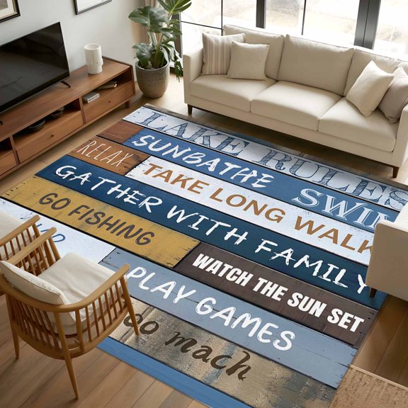 Area Rug 72×108in, Lake Rules Farm Blue Wood Board Floor Carpet Living Room Rug, Quote Wooden Grain Non-Slip Welcome Mat Indoor Rugs for Bedroom Dining Room