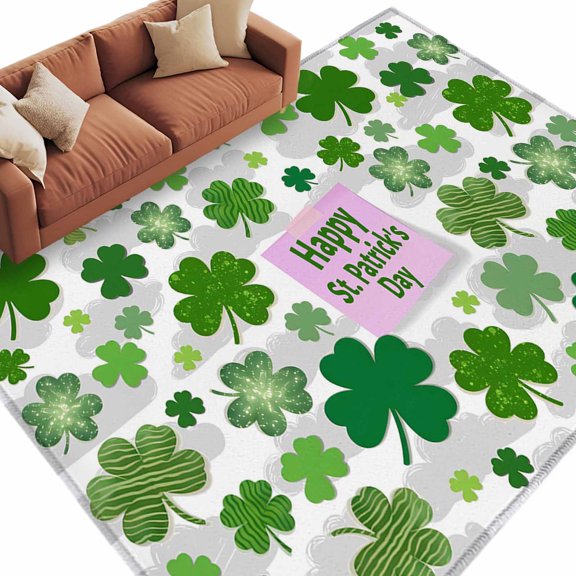 Area Rug 72×108in, Lucky Shamrock St. Patrick's Day Floor Carpet Living Room Rug, Gradient Leaves Clouds Non-Slip Welcome Mat Indoor Rugs for Bedroom Dining Room