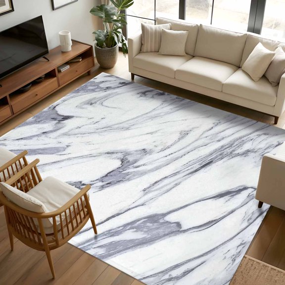 Area Rug 72×108in, Marble Stone Texture Floor Carpet Living Room Rug, Grey and White Non-Slip Welcome Mat Indoor Rugs for Bedroom Dining Room