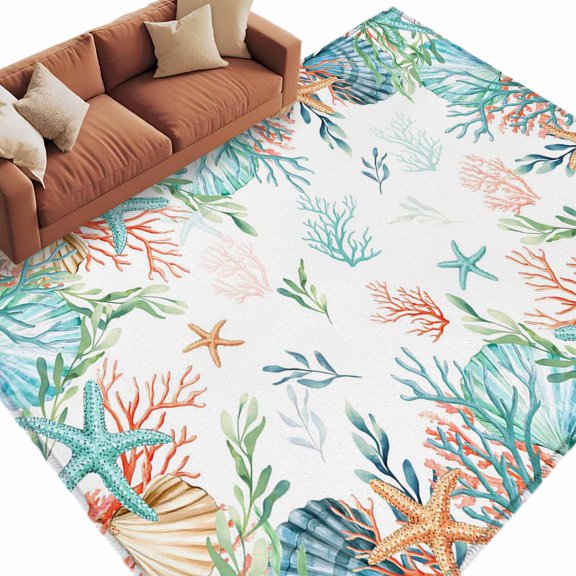 Area Rug 72×108in, Marine Coral Shell Starfish Floor Carpet Living Room Rug, Coastal Ocean Creature Non-Slip Welcome Mat Indoor Rugs for Bedroom Dining Room