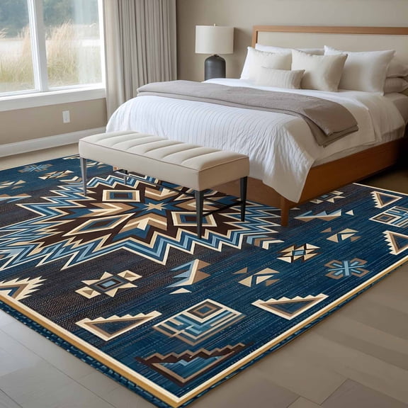 Area Rug 72×108in, Mid Century Blue Brown Boho Floral Floor Carpet Living Room Rug, Abstract Color Block Non-Slip Welcome Mat Indoor Rugs for Bedroom Dining Room