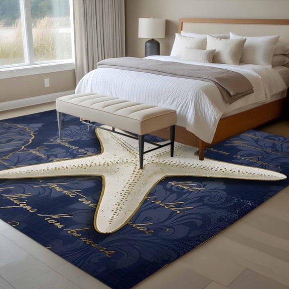 Area Rug 72×108in, Nautical Retro Starfish Shells Floor Carpet Living Room Rug, Deep Blue Ocean Non-Slip Welcome Mat Indoor Rugs for Bedroom Dining Room
